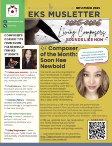 Cover of the November 2025 EKS MUSLetter, featuring composer Soon Hee Newbold