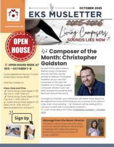 Cover of the October 2025 EKS MUSLetter, featuring composer Christopher Goldston