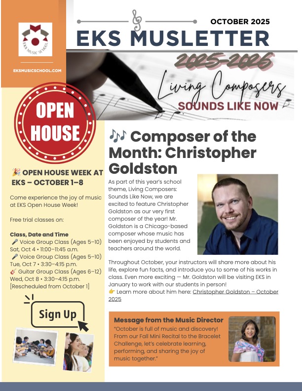 Cover of the October 2025 EKS MUSLetter, featuring composer Christopher Goldston