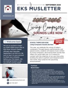 Cover of the September 2025 EKS MUSLetter, introducing the 'Living Composers: Sounds Like Now' theme