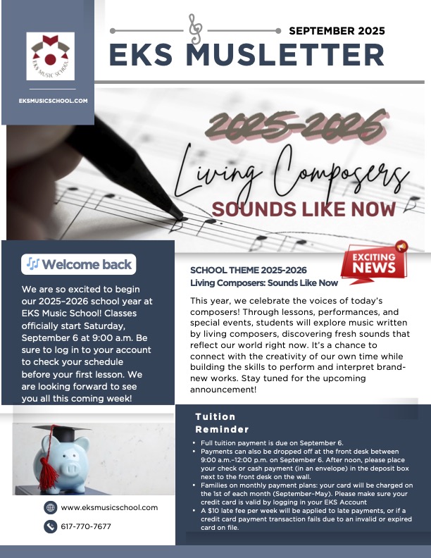 Cover of the September 2025 EKS MUSLetter, introducing the 'Living Composers: Sounds Like Now' theme