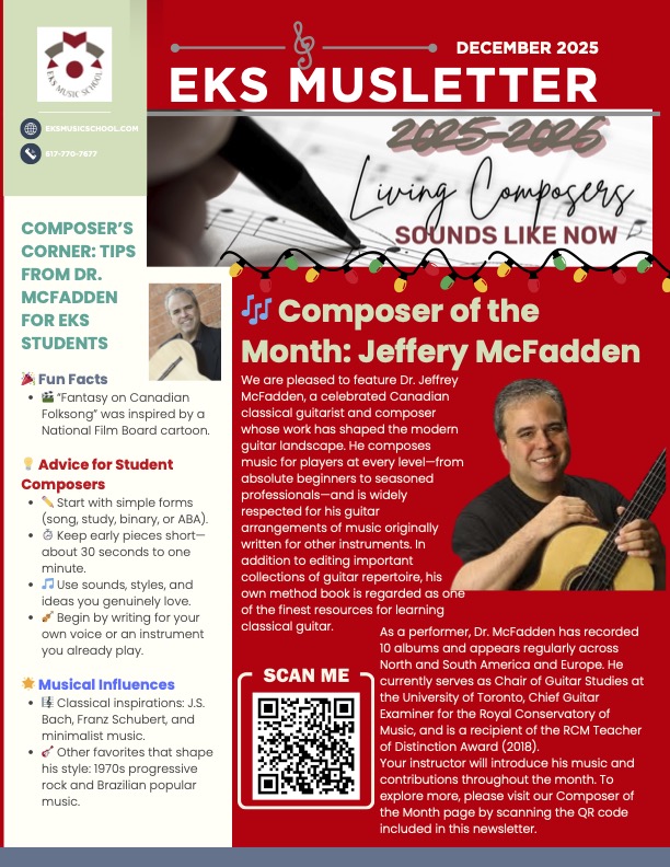 Cover of the December 2025 EKS MUSLetter, featuring composer Dr. Jeffrey McFadden