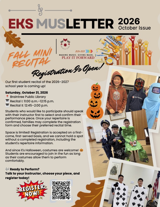 Cover of the October 2026 EKS MUSLetter, featuring the Fall Mini Recital